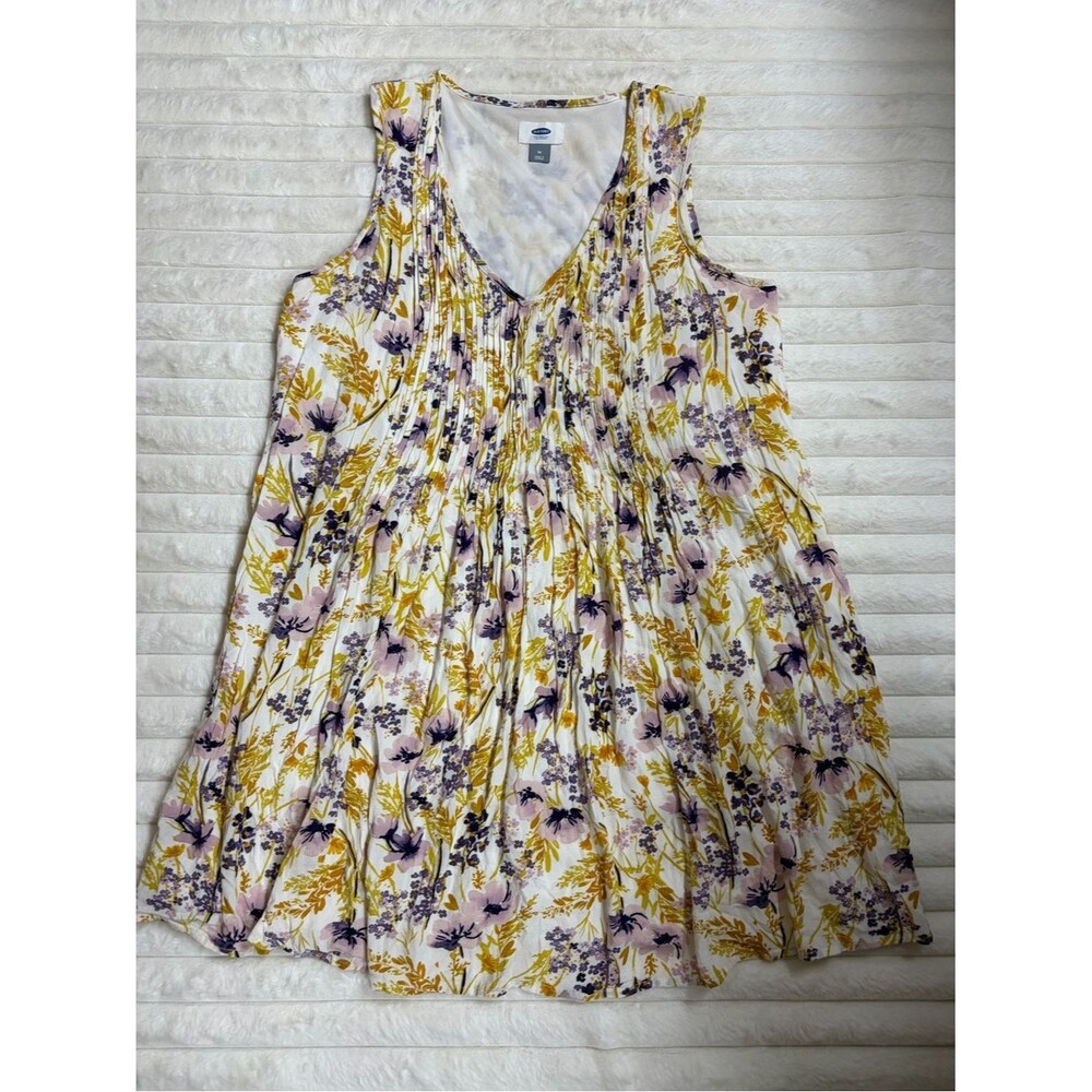 Old Navy Floral Pleated V-Neck Sleeveless Dress - White, Mustard & Lavender